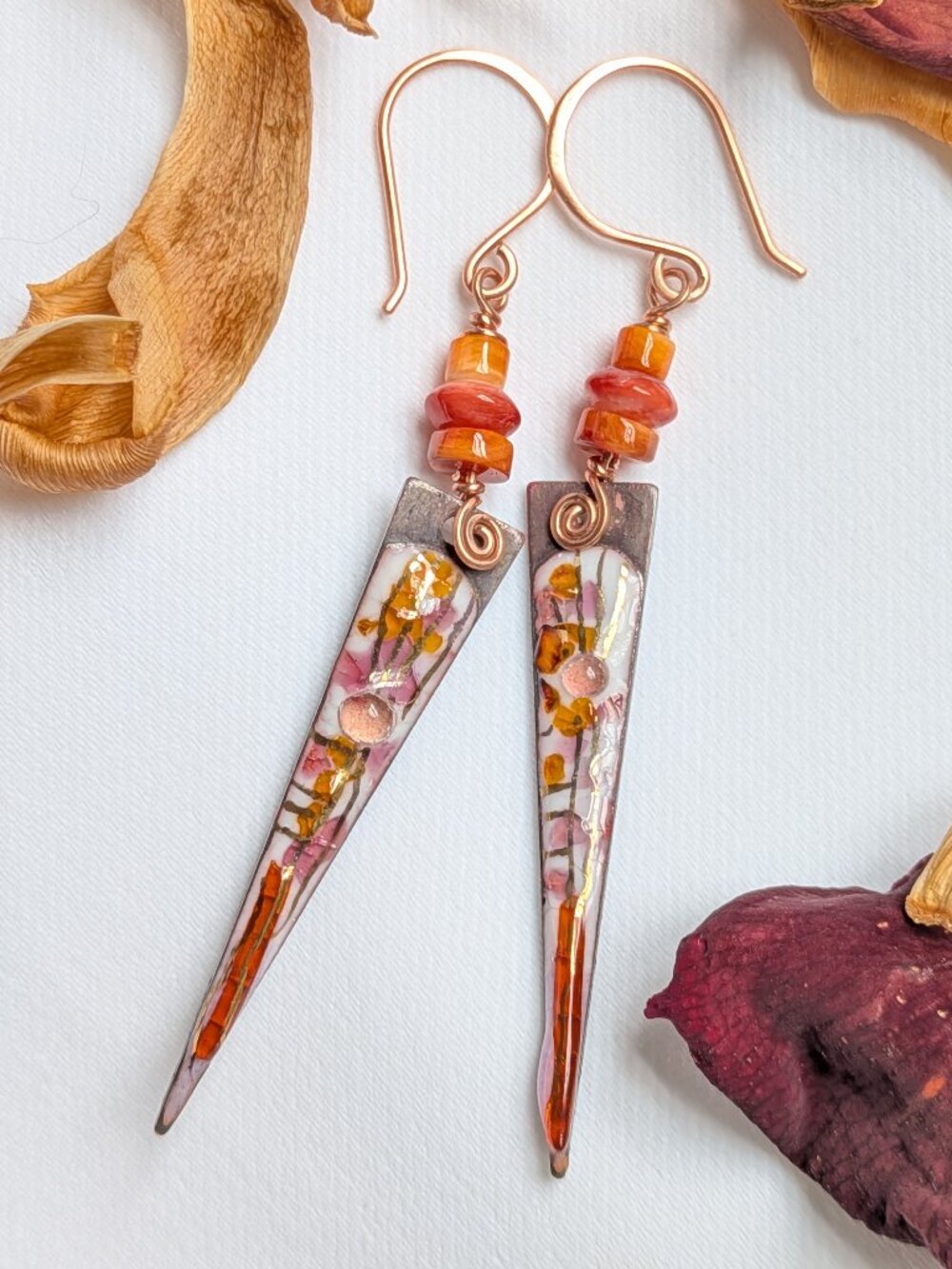 Distinctive and Elegant Copper Dagger Earrings with Orange Spiny Oyster Accents